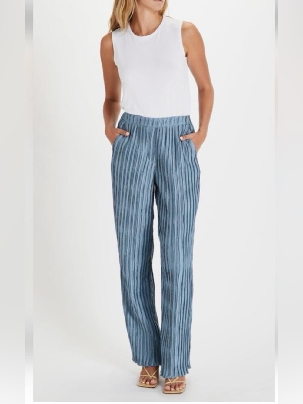 Jonathan Simkhai Tessy Pleated Pants Slate Blue Wide Leg Travel Size S Long NWT